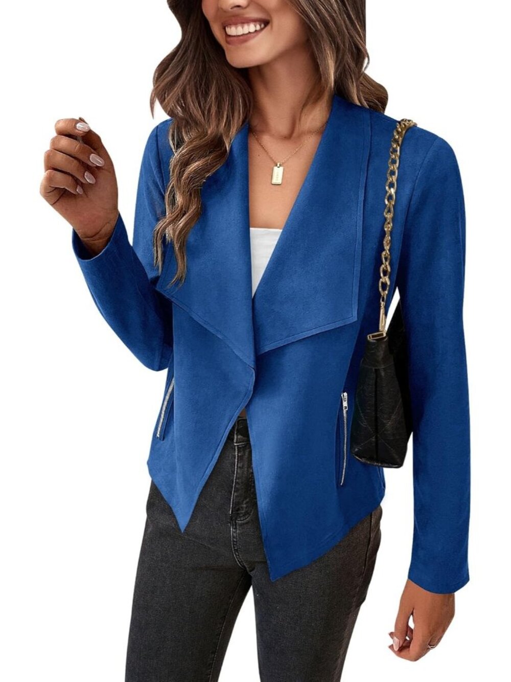 Women's Blue Faux Suede Open Front Waterfall Collar Long Sleeve Draped Jacket